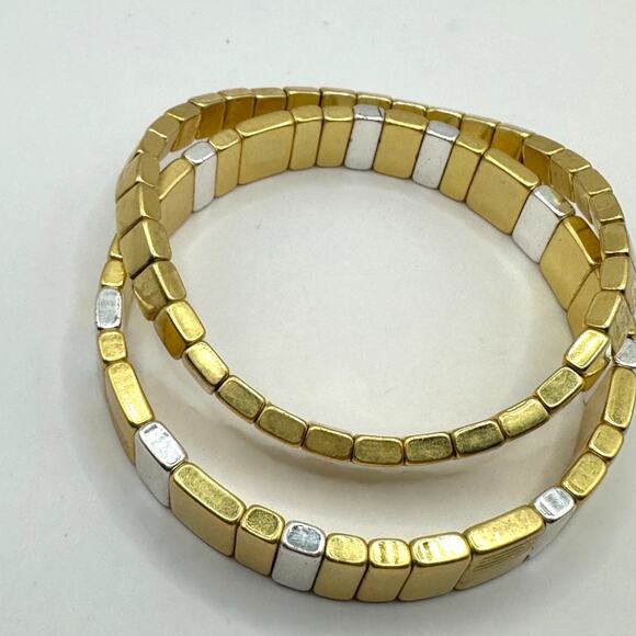 Madewell Stretch Bracelet Set of 2 Gold tone Square Beads Casual Jewelry Preppy - Picture 1 of 8